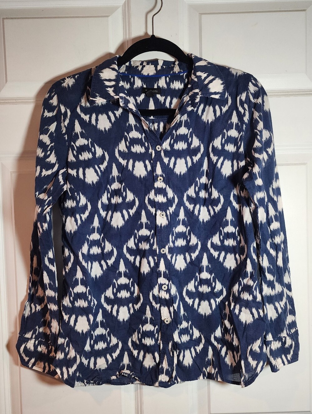 Talbots Womens Navy and White Printed Button-Up Shirt Semi Sheer S